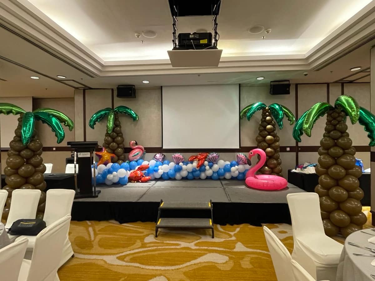 Tropical flamingo themed balloon backdrop