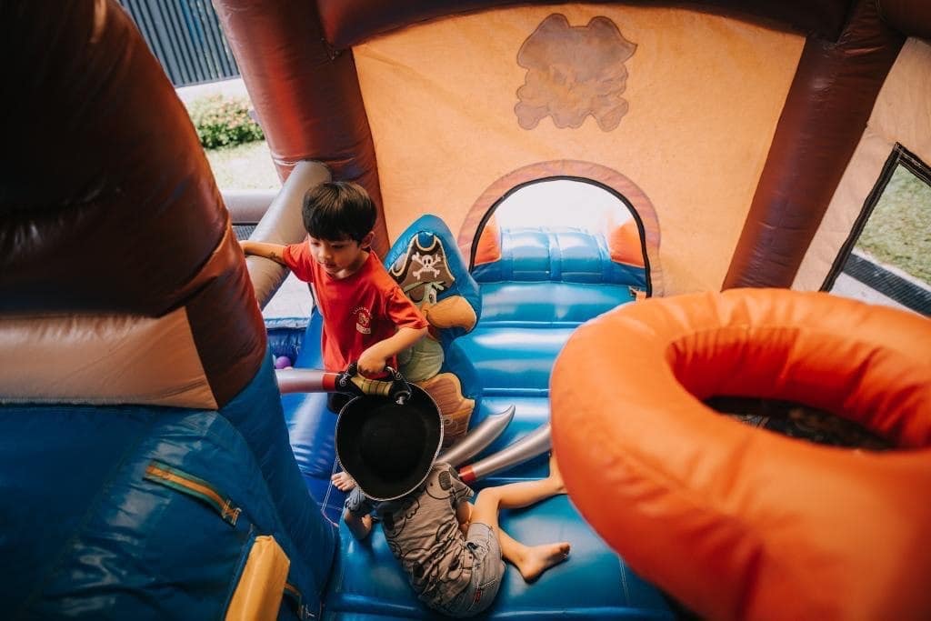 Pirate ship bouncy castle set up indoors