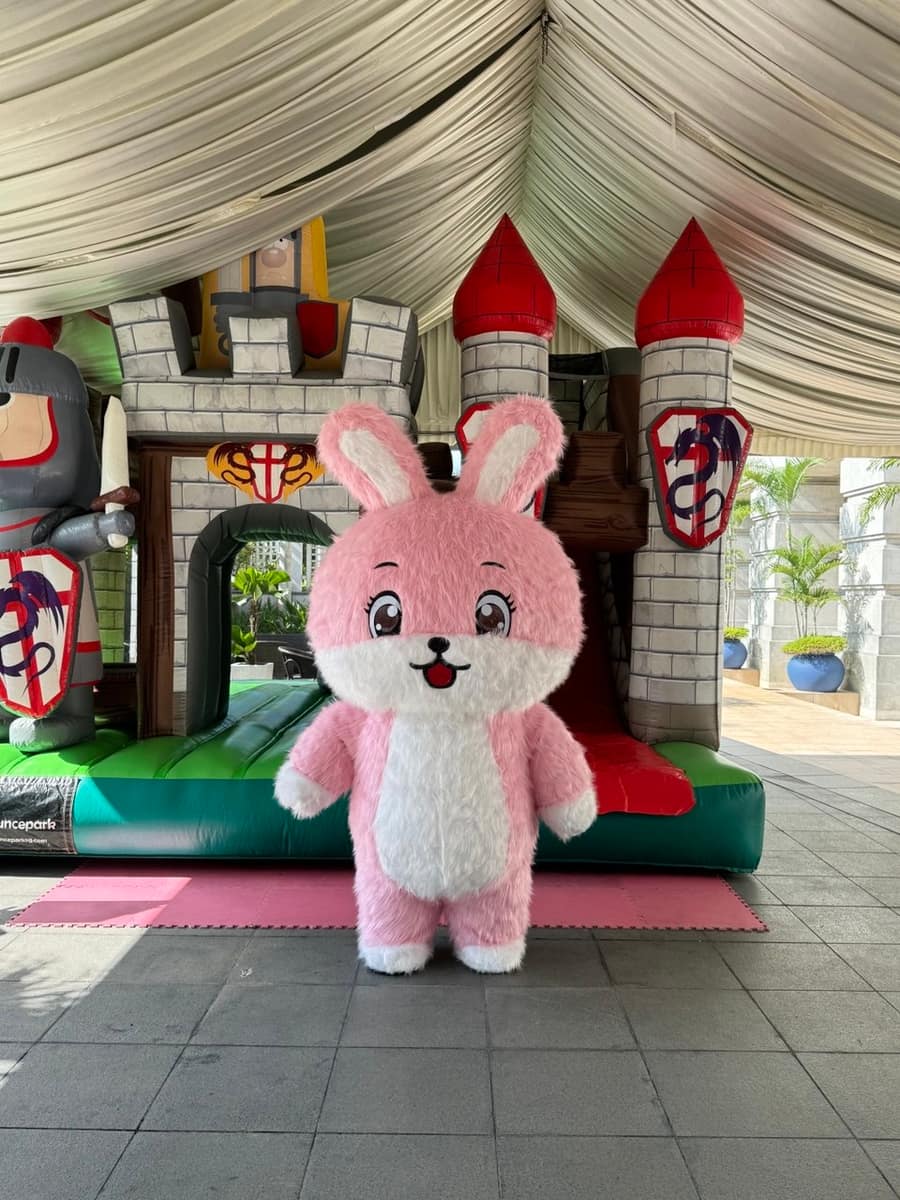 Bouncy castle slide with a pink bunny mascot