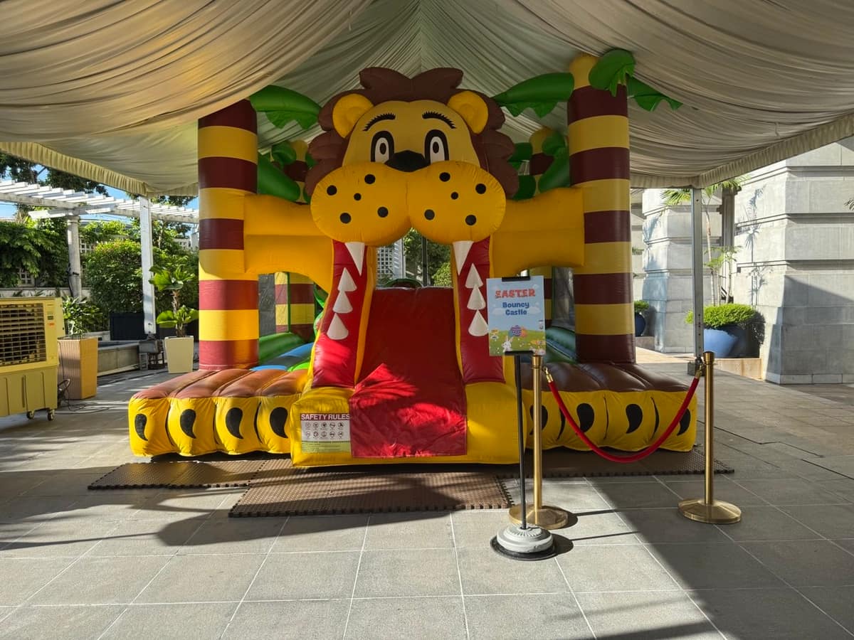 Lion themed bouncy castle set up outdoors