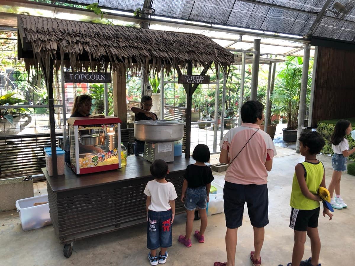 Guests queuing at the popcorn and candy floss cart